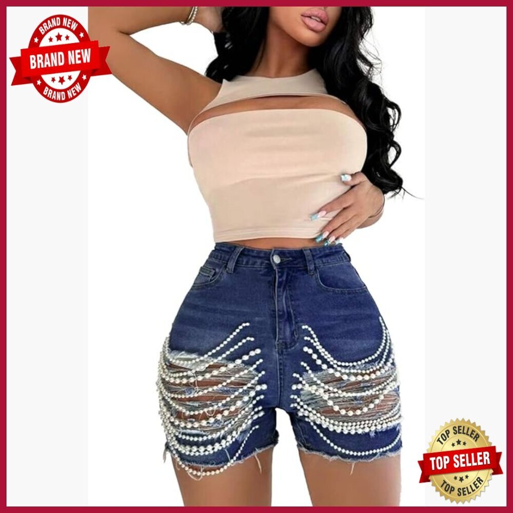 High Waisted Rhinestone Stretchy Sequin Denim Shorts Y2k Mini Jean Shorts